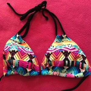 Multicolored bikini top with black braided strap